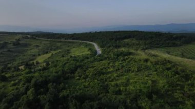 Sırbistan 'da yeşillik ve manzara taşımacılığı ve seyahat konseptiyle çevrili dolambaçlı yol boyunca giden yaz aracı otomobili sırasında bir dağ sırasındaki eğimli asfalt bir yolun hava aracı görüntüleri