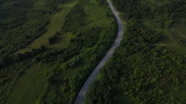 Sırbistan 'da yeşillik ve manzara taşımacılığı ve seyahat konseptiyle çevrili dolambaçlı yol boyunca giden yaz aracı otomobili sırasında bir dağ sırasındaki eğimli asfalt bir yolun hava aracı görüntüleri