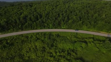Sırbistan 'da yeşillik ve manzara taşımacılığı ve seyahat konseptiyle çevrili dolambaçlı yol boyunca giden yaz aracı otomobili sırasında bir dağ sırasındaki eğimli asfalt bir yolun hava aracı görüntüleri