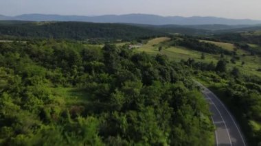 Otobüsteki hava aracı görüntüsü ilkbahar günü dağlık alandaki ağaçların arasından geçerek - Sırbistan 'da Tresibaba Knjazevac - seyahat yolculuğu ve tatil konsepti