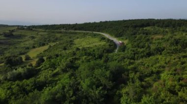 Otobüsteki hava aracı görüntüsü ilkbahar günü dağlık alandaki ağaçların arasından geçerek - Sırbistan 'da Tresibaba Knjazevac - seyahat yolculuğu ve tatil konsepti