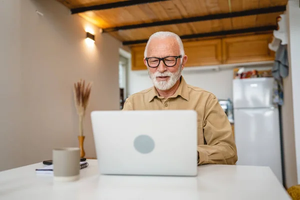 Avô Homem Caucasiano Sênior Com Barba Óculos Trabalha Computador Portátil — Fotografia de Stock