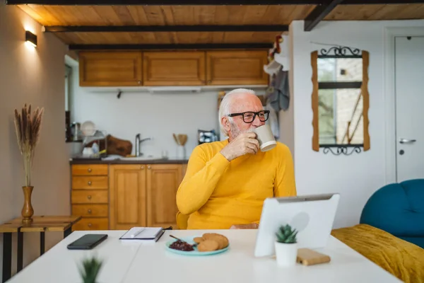 One Senior Man Sit Home Kitchen Cup Tea Coffee Taking — Stock Photo, Image