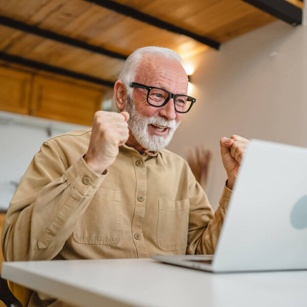 One senior caucasian man grandfather with beard and eyeglasses work on laptop use computer at home online happy smile success