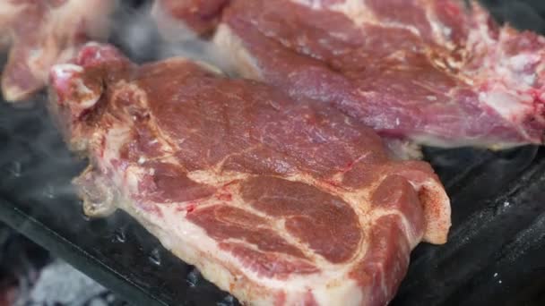 Carne Porco Fresca Grelha Close Mão Realizada Vídeo — Vídeo de Stock