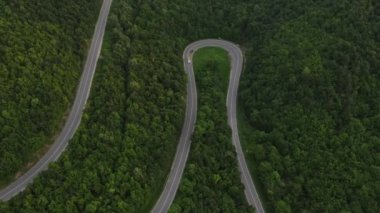 Sırbistan 'da yeşillik ve manzara taşımacılığı ve seyahat konseptiyle çevrili dolambaçlı yol boyunca giden yaz aracı otomobili sırasında bir dağ sırasındaki eğimli asfalt bir yolun hava aracı görüntüleri