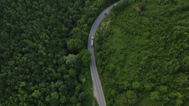 images aériennes d'un drone d'une route asphaltée sinueuse sur une chaîne de montagnes pendant un camion de véhicules de printemps conduisant le long de la route sinueuse en Serbie entourée de verdure et de paysages concept de transport et de voyage