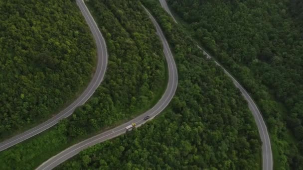 緑と風景輸送と旅行の概念に囲まれたセルビアの曲がりくねった道に沿って運転春の車両トラックの間に山脈上の曲技アスファルト道路の空中ドローン映像 — ストック動画