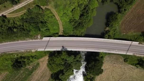 Scenic Beauty Asphalt Road Sunny Day Cars Pass Drone Perspective — Stock Video