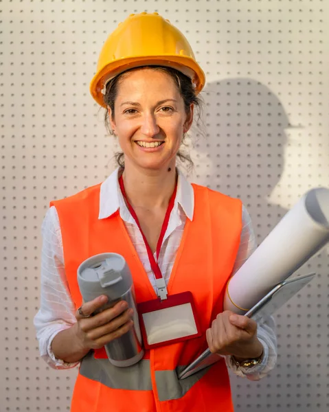 Architect Woman Female Construction Engineer Stand Outdoors Wear Protective Helmet — Stock Photo, Image