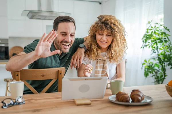 Caucasian Couple Man Woman Husband Wife Use Digital Tablet Make — Stock Photo, Image