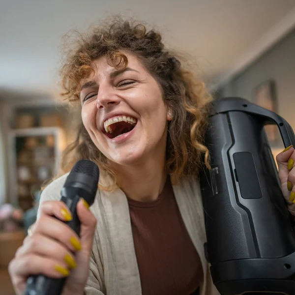 One Woman Young Adult Hold Microphone Home Happy Smile Sing — Stock Photo, Image