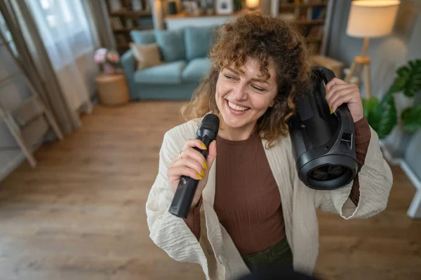 One Woman Young Adult Hold Microphone Home Happy Smile Sing — Stock Photo, Image