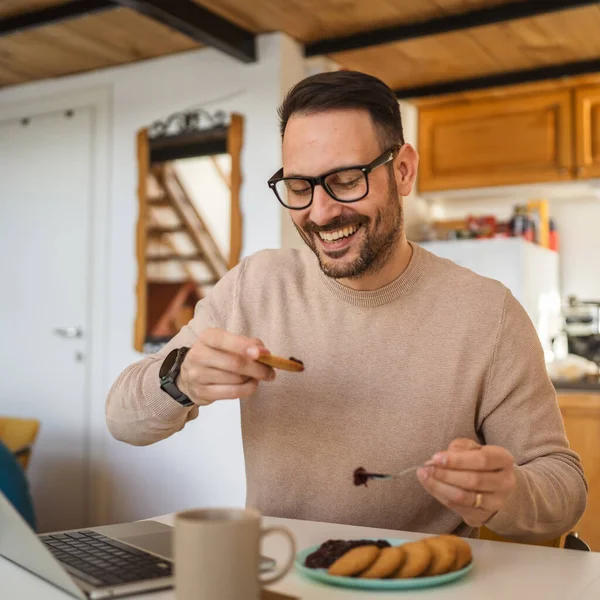 One Man Adult Caucasian Male Sit Table Home Having Breakfast — Stock Photo, Image
