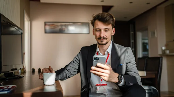 One Man Caucasian Male Adult Businessman Sitting Hotel Room While — Stock Photo, Image