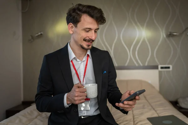 One Man Caucasian Male Adult Businessman Sitting Hotel Room While — Stock Photo, Image