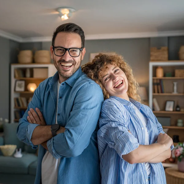 Happy Caucasian Adult Couple Man Woman Home Together Smile Husband — Stock Photo, Image