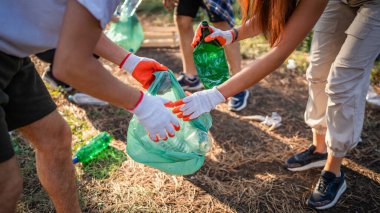 Bir grup arkadaş, Z erkek ve beyaz tenli atık plastik şişe ve kağıt topluyor. Güneşli bir günde çevre koruma kavramının doğasını temizliyor.