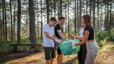 Bir grup genç arkadaş Z erkek ve beyaz kadın atık plastik şişeleri ve kağıtları toplayarak güneşli bir günde çevre koruma kavramının doğasını temizliyorlar.