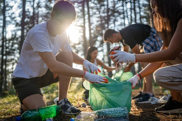 Bir grup genç arkadaş Z erkek ve beyaz kadın atık plastik şişeleri ve kağıtları toplayarak güneşli bir günde çevre koruma kavramının doğasını temizliyorlar.