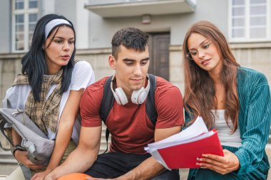 Bir grup ergen öğrenci, üniversitenin önünde ders çalışırlar. Erkek ve kadın arkadaşlar, beyaz erkek ve kadın gençler kampüsün önünde sınava hazırlanırlar. Okuma konseptini yeniden öğrenirler.