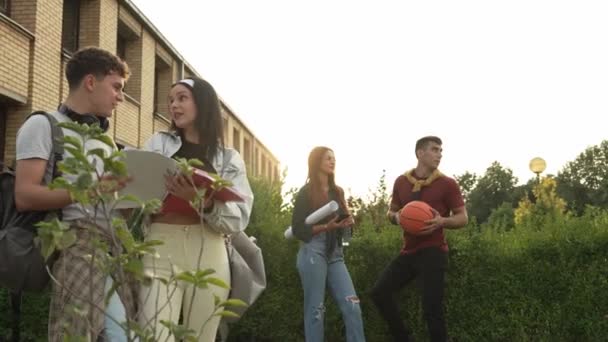 Grupp Tonårsstudenter Par Gen Studie Framför Skolan Universitet Manliga Och — Stockvideo