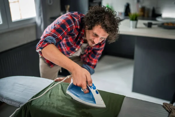 One Man Ironing Clothes Home Hold Iron Shirt Board Household — Stock Photo, Image