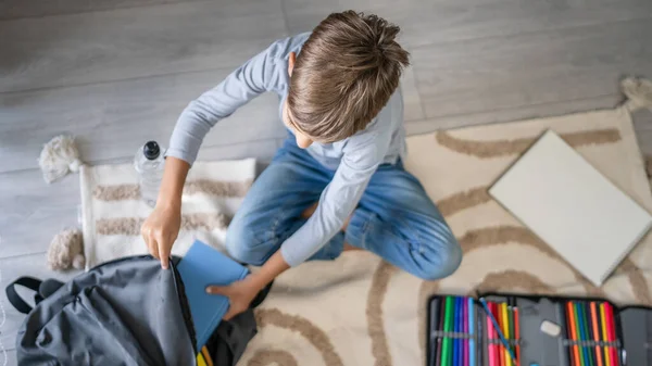 Small Caucasian Boy Pupil Child Prepare His Backpack First Day — Stock Photo, Image