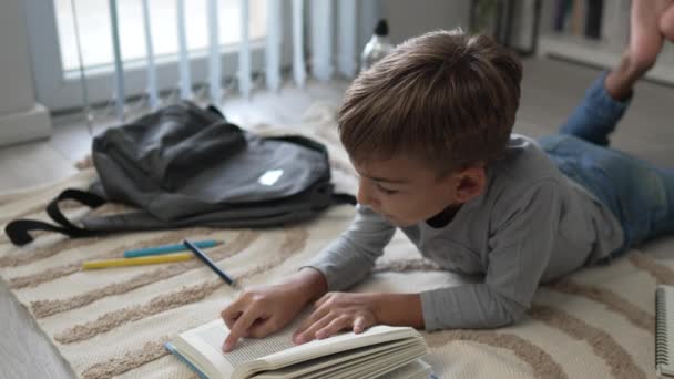 Caucasian Boy Pupil Student Read Book Home Study Learn Prepare — Stock Video