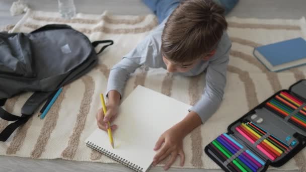 Ein Schüler Kleine Kaukasische Jungen Spielen Hause Zeichnen Auf Dem — Stockvideo