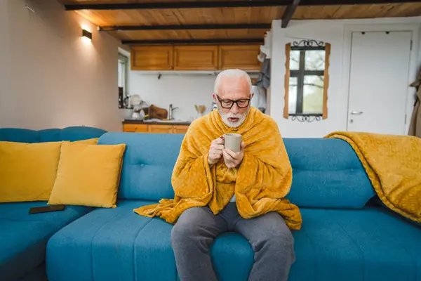 One Caucasian Male Senior Man Sit Sofa Bed Home Hold — Stock Photo, Image