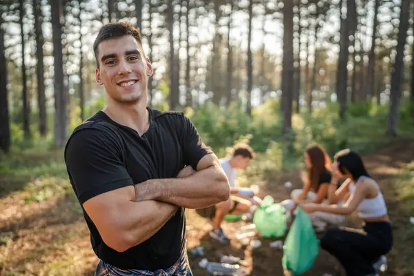 Portrait Caucasian Male Teenager Activist Volunteer Picking Waste Garbage Plastic — Stock Photo, Image
