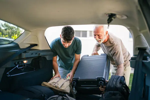 Two Men Teenager Senior Man Grandfather Grandson Pack Baggage Luggage — Stock Photo, Image