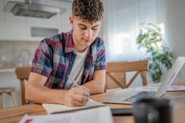 Genç, beyaz, ergen bir erkek, evde okuyor.