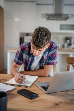 Genç, beyaz, ergen bir erkek, evde okuyor.