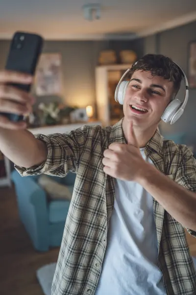 One Man Caucasian Male Teenager Boy Take Selfie Photos Self — Stock Photo, Image