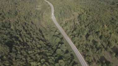 Sırbistan 'da yeşil ve manzara taşımacılığı ve seyahat konseptiyle çevrili dolambaçlı yol boyunca giden bahar aracı kamyonları sırasında bir dağ sırasındaki eğri asfalt bir yolun hava aracı görüntüleri