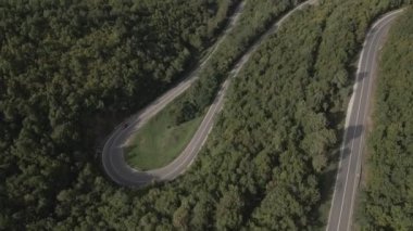Sırbistan 'da yeşil ve manzara taşımacılığı ve seyahat konseptiyle çevrili dolambaçlı yol boyunca giden bahar aracı otomobili sırasında, bir dağ sırasındaki eğimli asfalt bir yolun hava aracı görüntüleri