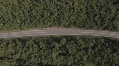 Sırbistan 'da yeşil ve manzara taşımacılığı ve seyahat konseptiyle çevrili dolambaçlı yol boyunca giden bahar aracı otomobili sırasında, bir dağ sırasındaki eğimli asfalt bir yolun hava aracı görüntüleri