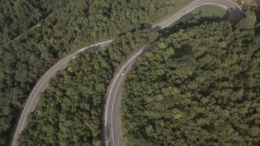 Sırbistan 'da yeşil ve manzara taşımacılığı ve seyahat konseptiyle çevrili dolambaçlı yol boyunca giden bahar aracı otomobili sırasında, bir dağ sırasındaki eğimli asfalt bir yolun hava aracı görüntüleri