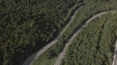 Sırbistan 'da yeşil ve manzara taşımacılığı ve seyahat konseptiyle çevrili dolambaçlı yol boyunca giden bahar aracı otomobili sırasında, bir dağ sırasındaki eğimli asfalt bir yolun hava aracı görüntüleri