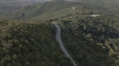 Sırbistan 'da yeşil ve manzara taşımacılığı ve seyahat konseptiyle çevrili dolambaçlı yol boyunca giden bahar aracı otomobili sırasında, bir dağ sırasındaki eğimli asfalt bir yolun hava aracı görüntüleri