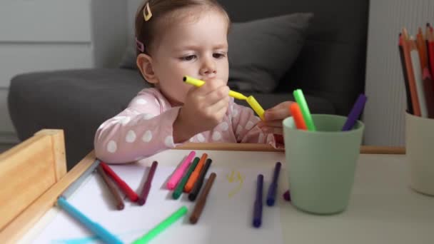 One Caucasian Girl Toddler Play Home Room Crayon — Stock Video