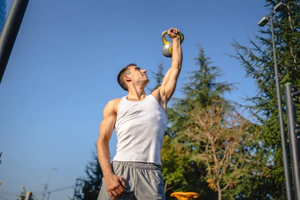 One Man Young Caucasian Male Muscular Athlete Stand Outdoor Day — Stock Photo, Image
