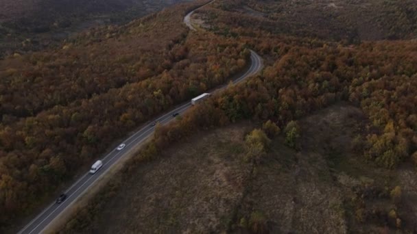 Зображення Безпілотника Дорозі Вантажівка Веде Деревах Лісах Гірському Масиві Осінній — стокове відео