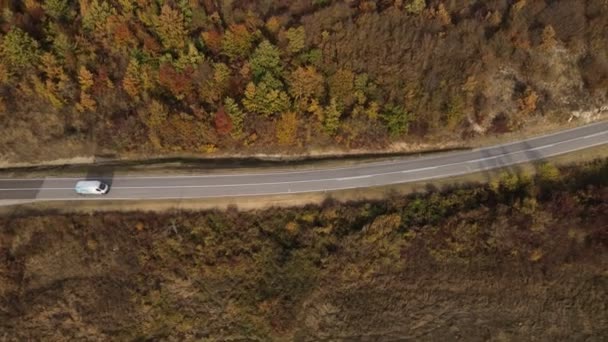 Aerial Drone View Van Driving Curvy Mountain Asphalt Road Autumn — Stock Video