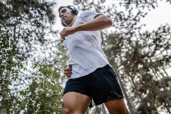 一个年轻的高加索男子运动员在秋天或夏日跑过森林 在大自然中跑步 在野外慢跑 健身和娱乐 健康的生活方式概念真实的人复制空间 — 图库照片
