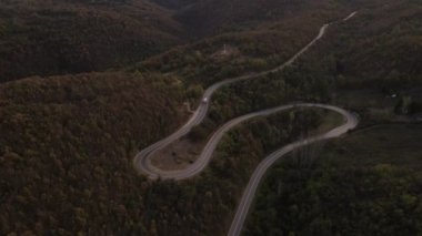 Sonbahar günü Sırbistan 'ın Tresibaba Knjazevac Dağı' ndaki dağ sırasındaki ağaçlar ve ormanlar boyunca giden yol kamyonundaki hava aracı görüntüsü