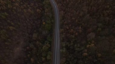 Araç, sonbahar günü dağlık alanda hava manzaralı yolculuk yapar.