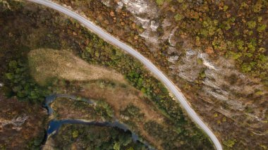Sırbistan 'da sonbahar günü, dağ sırasındaki ağaçlar ve ormanlarda tepeden tırnağa insansız hava aracı görüntüsü seyahat ve tatil konsepti